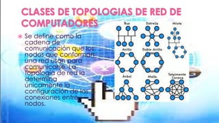 

Se define como la
cadena de
comunicación que los
nodos que conforman
una red usan para
comunicarse. La
topología de red la
determina
únicamente la
configuración de las
conexiones entre
nodos.

 