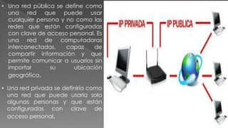 • Una red pública se define como
una red que puede usar
cualquier persona y no como las
redes que están configuradas
con clave de acceso personal. Es
una red de computadoras
interconectadas,
capaz
de
compartir información y que
permite comunicar a usuarios sin
importar
su
ubicación
geográfica.
• Una red privada se definiría como
una red que puede usarla solo
algunas personas y que están
configuradas con clave de
acceso personal.

 