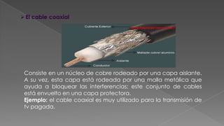  El cable coaxial

Consiste en un núcleo de cobre rodeado por una capa aislante.
A su vez, esta capa está rodeada por una malla metálica que
ayuda a bloquear las interferencias; este conjunto de cables
está envuelto en una capa protectora.
Ejemplo: el cable coaxial es muy utilizado para la transmisión de
tv pagada.

 