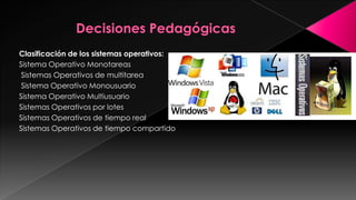 Clasificación de los sistemas operativos:
Sistema Operativo Monotareas
Sistemas Operativos de multitarea
Sistema Operativo Monousuario
Sistema Operativo Multiusuario
Sistemas Operativos por lotes
Sistemas Operativos de tiempo real
Sistemas Operativos de tiempo compartido

 
