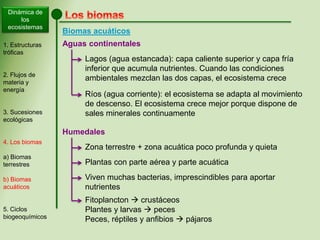 Dinámica de
los
ecosistemas
Biomas acuáticos
1. Estructuras
tróficas
2. Flujos de
materia y
energía
3. Sucesiones
ecológicas
4. Los biomas
a) Biomas
terrestres
b) Biomas
acuáticos
5. Ciclos
biogeoquímicos
Aguas continentales
Lagos (agua estancada): capa caliente superior y capa fría
inferior que acumula nutrientes. Cuando las condiciones
ambientales mezclan las dos capas, el ecosistema crece
Ríos (agua corriente): el ecosistema se adapta al movimiento
de descenso. El ecosistema crece mejor porque dispone de
sales minerales continuamente
Humedales
Zona terrestre + zona acuática poco profunda y quieta
Plantas con parte aérea y parte acuática
Viven muchas bacterias, imprescindibles para aportar
nutrientes
Fitoplancton  crustáceos
Plantes y larvas  peces
Peces, réptiles y anfibios  pájaros
 