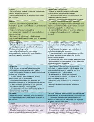 verbales. 
• Tienen dificultad para dar respuestas verbales; dan 
mejores respuestas motoras. 
• Tienen mejor capacidad de lenguaje comprensivo 
que expresivo. 
orales y largas explicaciones. 
• A hablar se aprende hablando. Hablarles y 
escucharles son las mejores estrategias. 
• El ordenador puede ser un instrumento muy útil 
para alcanzar estos objetivos. 
• La lectura y la escritura favorecen el desarrollo de su lenguaje. 
Memoria 
• Memoria procedimental y operativa bien 
desarrollada (pueden realizar tareas secuenciadas con 
precisión). 
• Mejor memoria visual que auditiva. 
• Les cuesta seguir más de 3 instrucciones dadas en 
orden secuencial. 
• Son capaces de retener de 3 a 6 dígitos tras 
escucharlos (3-4 dígitos en la mayor parte de los casos 
/ 3-5 imágenes). 
• Es esencial el entrenamiento de la memoria. 
• Necesitan que se les proporcionen estrategias para 
mejorar su memoria auditiva (subvocalizar, nombrar 
los objetos, agruparlos en categorías). 
• Es recomendable practicar en las tareas cotidianas 
en casa y en el colegio (transmitir recados, por 
ejemplo). 
Aspectos cognitivos 
• Dificultad para manejar diversas informaciones. 
• Lentitud para procesar y codificar la información y 
dificultad para interpretarla. 
•Les resultan dificultosos los procesos de 
conceptualización, abstracción, generalización y 
transferencia de los aprendizajes. 
• Es conveniente hablarles despacio, con mensajes 
breves, concisos, sencillos, directos y sin doble 
sentido. 
• Se les ha de dar tiempo para que contesten, sin 
adelantarse a su posible respuesta. 
• Es preciso explicarles hasta las cosas más sencillas, 
no dando por supuesto que saben algo si no lo 
demuestran haciéndolo. 
• Se ha de prever en la programación la generalización 
y mantenimiento de las conductas, practicándolas en 
diferentes lugares y momentos. 
Inteligencia 
• El SD siempre se acompaña de discapacidad 
intelectual (no mental), en diferentes grados. 
• Nivel intelectual en el rango de la deficiencia ligera 
o moderada, en general. 
• Obtienen mejores resultados en las pruebas 
manipulativas que en las verbales. 
• Entienden literalmente lo que les dicen. No 
entienden las bromas ni las frases con doble sentido. 
• Es difícil para ellos generalizar lo que aprenden. 
• Necesitan más tiempo para responder. 
• Les cuesta entender varias instrucciones dadas en 
orden secuencial (seguidas). 
• No se ha de olvidar que tienen discapacidad 
intelectual. Es preciso hablarles más despacio; si no 
entienden las instrucciones repetirlas con otros 
términos diferentes y más sencillos. 
• Se les ha de dar el tiempo que necesitan. 
• Trabajar desde lo concreto a lo abstracto, de lo 
manipulativo a lo intelectual. 
• Hacer un trabajo sistemático con las bromas e 
ironías. 
• Se pueden y se deben utilizar programas de educación 
emocional. 
Percepción 
• Mejor percepción y retención visual que auditiva. 
• Su umbral de respuesta general ante estímulos es 
más elevado. 
• Se debe presentar la estimulación siempre que sea 
posible a través de más de un sentido (multisensorial). 
• El modelado o aprendizaje por observación, la 
práctica de conducta y las actividades con objetos e 
imágenes son muy adecuados. 
Atención 
• La atención varía en función del interés de la tarea 
(motivación). 
• Dificultad para mantener la atención sobre todo 
durante periodos de tiempo prolongados. 
• Es preciso programar ejercicios para que aumenten 
sus periodos de atención. 
• Actividades variadas y amenas. 
• Es conveniente mirarles cuando se les habla, 
comprobar que atienden, eliminar estímulos 
 