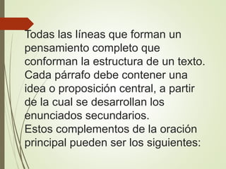 Todas las líneas que forman un
pensamiento completo que
conforman la estructura de un texto.
Cada párrafo debe contener una
idea o proposición central, a partir
de la cual se desarrollan los
enunciados secundarios.
Estos complementos de la oración
principal pueden ser los siguientes:
 