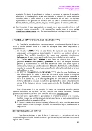 I.E.S. PLAYA FLAMENCA. Curso 2015-2016
Departamento de Lengua castellana y Literatura
Ana B. González Parra
10
aceptable. Por tanto, lo que intenta el emisor es convencer al receptor de que debe
adherirse a su propia opinión, y por tanto, orientar la conducta del lector hacia una
reflexión sobre el tema tratado y la tesis defendida por el autor. El discurso
argumentativo está presente en muchos tipos de texto o comunicación humana:
debates, tertulias, oratoria judicial, lenguaje político, prensa de opinión, publicidad.
c) Con frecuencia el texto argumentativo se mezcla con el texto expositivo (con el cual
comparte rasgos estructurales y de ordenación), dando lugar al texto mixto
expositivo-argumentativo, muy frecuente en el ensayo y en la prensa de opinión.
FINALIDAD E INTENCIONALIDAD COMUNICATIVA
La finalidad e intencionalidad comunicativa está estrechamente ligada al tipo de
texto y resulta bastante clara a la hora de distinguir entre textos expositivos y
argumentativos:
1. El TEXTO EXPOSITIVO es una forma de expresión que tiene por fin
comunicar ordenadamente conocimientos y opiniones de carácter teórico y
práctico. Son también expositivos los textos que pretenden simplemente
informarnos de algo, como por ejemplo, los textos periodísticos informativos.
2. EL TEXTO ARGUMENTATIVO es una forma de discurso con la cual se
pretende defender una opinión y persuadir de ella a un receptor mediante
pruebas y razonamientos. Se usa para desarrollar temas que están sujetos a
controversia, temas que admiten opiniones diferentes. Por lo tanto, su finalidad es
orientar la conducta del lector hacia una reflexión sobre el tema tratado y la tesis
defendida por el autor.
3. El TEXTO EXPOSITIVO-ARGUMENTATIVO aúna las dos finalidades: en
una primera parte del texto, el autor nos informa de algún tema o nos explica
algún problema de actualidad (antecedentes, estado de la cuestión, opiniones a
favor o en contra, etc.) y en una segunda parte del texto trata de convencer al
lector y orientar su conducta hacia la tesis que defiende el autor. Esta explicación
es una de las formas en las que pueden aparecernos las dos finalidades de ambos
textos.
Este último caso sirve de ejemplo de cómo las estructuras textuales pueden
aparecer mezcladas en un texto. Por ello, aunque sean menos frecuentes, también
podemos encontrarnos con otros tipos textuales mixtos de doble finalidad:
 Existen textos argumentativos que además de orientar la opinión y la conducta,
también poseen una amplia secuencia narrativa en la que se narra una experiencia
personal o colectiva para ejemplificar.
 Existen textos expositivos que además de informar sobre algo, también poseen una
amplia secuencia descriptiva para describir una situación u objeto importante en la
explicación.
ESTRUCTURA DE LOS TEXTOS
Para ahorrar tiempo a la hora de hacer el comentario es conveniente unir en la
organización general de las ideas la estructura que les corresponde teniendo en cuenta el
tipo de texto. Veamos:
 