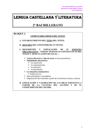 I.E.S. PLAYA FLAMENCA. Curso 2015-2016
Departamento de Lengua castellana y Literatura
Ana B. González Parra
1
LENGUA CASTELLANA Y LITERATURA
2º BACHILLERATO
BLOQUE 1:
COMENTARIO CRÍTICO DEL TEXTO
A. ESTABLECIMIENTO DEL TEMA DEL TEXTO.
B. RESUMEN DEL CONTENIDO DE UN TEXTO.
C. DESCRIPCIÓN Y EXPLICACIÓN DE SU ESQUEMA
ORGANIZATIVO —PARTES TEMÁTICAS CONSTITUTIVAS DEL
TEXTO Y ARTICULACIÓN DE ESTAS—.
 Género discursivo y tipo de texto: el texto periodístico.
 Modalidades discursivas:
 La exposición.
 La argumentación.
 La narración.
 La descripción.
 La situación comunicativa:
 Ámbito de uso.
 Ideas principales y secundarias.
 Organización del contenido a partir de la estructura externa e interna.
D. EXPLICACIÓN Y VALORACIÓN DE LAS IDEAS EXPUESTAS A
PARTIR DE LA CULTURA DEL ALUMNO Y DE SU
CONOCIMIENTO DEL MUNDO.
 