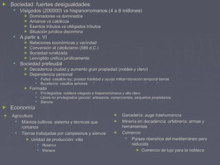 ► Sociedad: fuertes desigualdadesSociedad: fuertes desigualdades
 Visigodos (200000) vs hispanorromanos (4 a 6 millones)Visigodos (200000) vs hispanorromanos (4 a 6 millones)
► Dominadores vs dominadosDominadores vs dominados
► Arrianos vs católicosArrianos vs católicos
► Exentos tributos vs obligados tributosExentos tributos vs obligados tributos
► Situación jurídica discriminaSituación jurídica discrimina
 A partir s. VIA partir s. VI
► Relaciones económicas y vecindadRelaciones económicas y vecindad
► Conversión al catolicismo (589 d.C.)Conversión al catolicismo (589 d.C.)
► Sociedad ruralizadaSociedad ruralizada
► Leovigildo unifica jurídicamenteLeovigildo unifica jurídicamente
 Sociedad prefeudalSociedad prefeudal
► Decadencia ciudad y aumento gran propiedad (nobles y clero)Decadencia ciudad y aumento gran propiedad (nobles y clero)
► Dependencia personalDependencia personal
 Fieles: vasallos rey; prestan fidelidad y ayuda militar=donación temporal tierrasFieles: vasallos rey; prestan fidelidad y ayuda militar=donación temporal tierras
 Bucelarios: vasallos señores; “ “ “ “ “Bucelarios: vasallos señores; “ “ “ “ “
► FormadaFormada
 Privilegiados: nobleza visigoda e hispanorromana y alto cleroPrivilegiados: nobleza visigoda e hispanorromana y alto clero
 Libres no privilegiados (pocos): artesanos, comerciantes, pequeños propietariosLibres no privilegiados (pocos): artesanos, comerciantes, pequeños propietarios
 SiervosSiervos
► EconomíaEconomía
► AgriculturaAgricultura
 Mismos cultivos, sistema y técnicas queMismos cultivos, sistema y técnicas que
romanosromanos
 Tierras trabajadas por campesinos y siervosTierras trabajadas por campesinos y siervos
► Unidad de producción: villaUnidad de producción: villa
 ReservaReserva
 MansosMansos
► Ganadería: auge trashumanciaGanadería: auge trashumancia
► Minería en decadencia: orfebrería, armas yMinería en decadencia: orfebrería, armas y
herramientasherramientas
► ComercioComercio
 Países ribereños del mediterráneo peroPaíses ribereños del mediterráneo pero
reducidareducida
► Comercio de lujo para la noblezaComercio de lujo para la nobleza
 