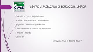 CENTRO VERACRUZANO DE EDUCACIÓN SUPERIOR
Catedrático: Vicente Trejo Del Ángel
Alumna: Laura Montserrat Calderón Fraile
Asignatura: Desarrollo Organizacional
Carrera: Maestría en Ciencias de la Educación
Semestre: Segundo
Grupo: 201
Tantoyuca, Ver., a 10 de junio de 2017.
 