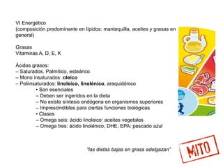 VI Energético
(composición predominante en lípidos: mantequilla, aceites y grasas en
general)
Grasas
Vitaminas A, D, E, K
Ácidos grasos:
– Saturados. Palmítico, esteárico
– Mono insaturados: oleico
– Poliinsaturados: linoleico, linolénico, araquidónico
• Son esenciales
– Deben ser ingeridos en la dieta
– No existe síntesis endógena en organismos superiores
– Imprescindibles para ciertas funciones biológicas
• Clases
– Omega seis: ácido linoleico: aceites vegetales
– Omega tres: ácido linolénico, DHE, EPA: pescado azul
“las dietas bajas en grasa adelgazan”
 