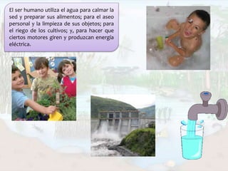 El ser humano utiliza el agua para calmar la
sed y preparar sus alimentos; para el aseo
personal y la limpieza de sus objetos; para
el riego de los cultivos; y, para hacer que
ciertos motores giren y produzcan energía
eléctrica.
 