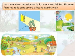 Los seres vivos necesitamos la luz y el calor del Sol. Sin estos
factores, todo sería oscuro y frío; no existiría vida
 