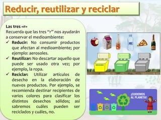 Reducir, reutilizar y reciclar
Las tres «r»
Recuerda que las tres “r” nos ayudarán
a conservar el medioambiente:
 Reducir: No consumir productos
que afectan al medioambiente; por
ejemplo: aerosoles.
 Reutilizar: No descartar aquello que
puede ser usado otra vez; por
ejemplo, la ropa.
 Reciclar: Utilizar artículos de
desecho en la elaboración de
nuevos productos. Por ejemplo, se
recomienda destinar recipientes de
varios colores para clasificar los
distintos desechos sólidos; así
sabremos cuáles pueden ser
reciclados y cuáles, no.
 