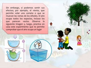 Sin embargo, sí podemos sentir sus
efectos; por ejemplo, el viento, que
permite volar una cometa o que se
muevan las ramas de los árboles. El aire
ocupa todos los espacios, incluso los
que parecen vacíos. Observa la
siguiente imagen y, luego, practica en
casa este experimento que te permite
comprobar que el aire ocupa un lugar
 