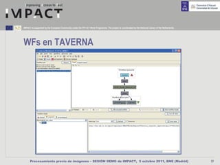 IMPACT is supported by the European Community under the FP7 ICT Work Programme. The project is coordinated by the National Library of the Netherlands.




WFs en TAVERNA




      Procesamiento previo de imágenes – SESIÓN DEMO de IMPACT, 5 octubre 2011, BNE (Madrid)                                                             22
 