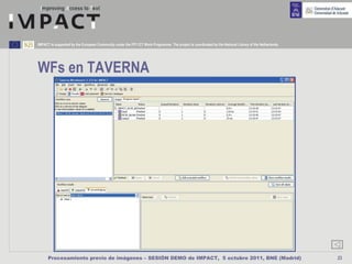 IMPACT is supported by the European Community under the FP7 ICT Work Programme. The project is coordinated by the National Library of the Netherlands.




WFs en TAVERNA




      Procesamiento previo de imágenes – SESIÓN DEMO de IMPACT, 5 octubre 2011, BNE (Madrid)                                                             23
 