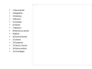 • 1 Documental
• 2 Biográfico
• 3 Histórico
• 4 Musical
• 5 Comedia
• 6 Infantil
• 7 Western
• 8 Aventura y acción
• 9 Bélico
• 10 Ciencia ficción
• 11 Drama
• 12 Suspense
• 13 Terror / horror
• 14 Porno-erótico
• 15 Cine Negro
 