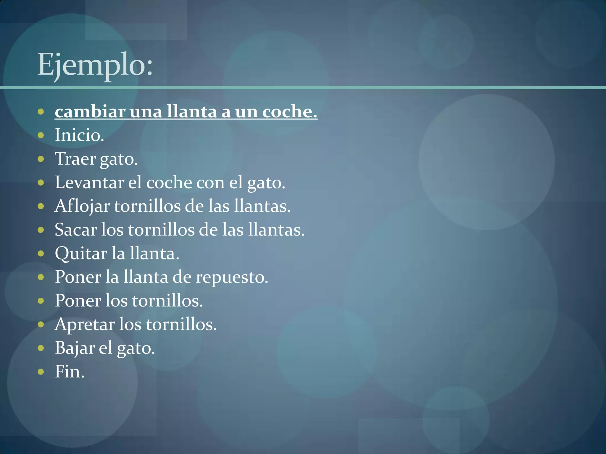 Ejemplo:
 cambiar una llanta a un coche.
 Inicio.
 Traer gato.
 Levantar el coche con el gato.
 Aflojar tornillos de las llantas.
 Sacar los tornillos de las llantas.
 Quitar la llanta.
 Poner la llanta de repuesto.
 Poner los tornillos.
 Apretar los tornillos.
 Bajar el gato.
 Fin.
 
