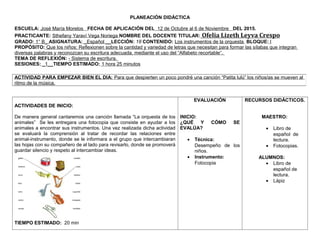 PLANEACIÓN DIDÁCTICA
ESCUELA: José María Morelos FECHA DE APLICACIÓN DEL 12 de Octubre al 6 de Noviembre DEL 2015.
PRACTICANTE: Sthefany Yaraví Vega Noriega NOMBRE DEL DOCENTE TITULAR: Ofelia Lizeth Leyva Crespo
GRADO: 1° B_ ASIGNATURA: _Español __LECCIÓN: 18 CONTENIDO: Los instrumentos de la orquesta BLOQUE: l
PROPÓSITO: Que los niños: Reflexionen sobre la cantidad y variedad de letras que necesitan para formar las sílabas que integran
diversas palabras y reconozcan su escritura adecuada, mediante el uso del “Alfabeto recortable”.
TEMA DE REFLEXIÓN: - Sistema de escritura.
SESIONES: _1__TIEMPO ESTIMADO: 1 hora 25 minutos
ACTIVIDADES DE INICIO:
De manera general cantaremos una canción llamada “La orquesta de los
animales” Se les entregara una fotocopia que consiste en ayudar a los
animales a encontrar sus instrumentos. Una vez realizada dicha actividad
se evaluará la comprensión al tratar de recordar las relaciones entre
animal-instrumento, donde se le informara a el grupo que intercambiaran
las hojas con su compañero de al lado para revisarlo, donde se promoverá
guardar silencio y respeto al intercambiar ideas.
TIEMPO ESTIMADO: 20 min
EVALUACIÓN
INICIO:
¿QUÉ Y CÓMO SE
EVALÚA?
• Técnica:
Desempeño de los
niños.
• Instrumento:
Fotocopia
RECURSOS DIDÁCTICOS.
MAESTRO:
• Libro de
español de
lectura.
• Fotocopias.
ALUMNOS:
• Libro de
español de
lectura.
• Lápiz
ACTIVIDAD PARA EMPEZAR BIEN EL DIA: Para que despierten un poco pondré una canción “Patita lulú” los niños/as se mueven al
ritmo de la música.
 