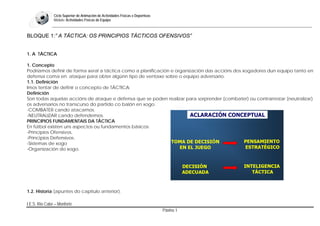 Ciclo Superior de Animación de Actividades Físicas e Deportivas
               Módulo: Actividades Físicas de Equipo
              __________________________________________________________________________________________________________________

BLOQUE 1:” A TÁCTICA: OS PRINCIPIOS TÁCTICOS OFENSIVOS”


1. A TÁCTICA

1. Concepto
Podríamos definir de forma xeral a táctica como a planificación e organización das accións dos xogadores dun equipo tanto en
defensa coma en ataque para obter algúnn tipo de ventaxe sobre o equipo adversario.
1.1. Definición
Imos tentar de definir o concepto de TÁCTICA:
Definición
Son todas aquelas accións de ataque e defensa que se poden realizar para sorprender (combater) ou contrarrestar (neutralizar)
os adversarios no transcurso do partido co balón en xogo.
-COMBATER cando atacamos.
-NEUTRALIZAR cando defendemos.
PRINCIPIOS FUNDAMENTAIS DA TÁCTICA
En fútbol existen uns aspectos ou fundamentos básicos:
-Principios Ofensivos.
-Principios Defensivos.
-Sistemas de xogo
-Organización do xogo.




1.2. Historia (apuntes do capítulo anterior).

I.E.S. Río Cabe – Monforte
                                                                                 Páxina 1
 