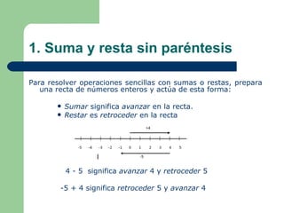 1. Suma y resta sin paréntesis Para resolver operaciones sencillas con sumas o restas, prepara una recta de números enteros y actúa de esta forma: Sumar significa avanza r en la recta. Restar es retroceder en la recta 4 - 5 significa avanzar 4 y retroceder 5 -5 + 4 significa retroceder 5 y avanzar 4