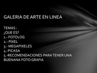 GALERIA DE ARTE EN LINEA
TEMAS :
¿QUE ES?
1.- FOTOLOG
2.- PIXEL
3.- MEGAPIXELES
4.-PICASA
5.-RECOMENDACIONES PARA TENER UNA
BUENANA FOTO GRAFIA

 