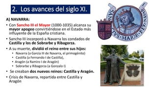 2. Los avances del siglo XI.
A) NAVARRA:
• Con Sancho III el Mayor (1000-1035) alcanza su
mayor apogeo convirtiéndose en el Estado más
influyente de la España cristiana.
• Sancho III incorporó a Navarra los condados de
Castilla y los de Sobrarbe y Ribagorza.
• A su muerte, dividió el reino entre sus hijos:
• Navarra (a García III de Navarra, el primogénito)
• Castilla (a Fernando I de Castilla),
• Aragón (a Ramiro I de Aragón)
• Sobrarbe y Ribagorza (a Gonzalo I)
• Se creaban dos nuevos reinos: Castilla y Aragón.
• Crisis de Navarra, repartida entre Castilla y
Aragón
 