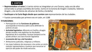• Representaban al reino ( si varios reinos se integraban en una Corona, cada uno de ellos
conservaba su propia asamblea de Cortes. Como en la Corona de Aragón ( Cataluña, Valencia
Aragón, y los territorios de ultramar de Sicilia y Cerdeña)
• Sustituyen a la Curia Regia desde que cuentan con representantes de las ciudades.
• Fueron convocadas por primera vez en León, en 1188
3. CORTES:
FUNCIONES:
• Participación en las funciones de gobierno
aconsejando al monarca sobre como defender la
justicia y la paz
• Actividad legislativa: diferente en Castilla y Aragón
donde resultan más explícitas las facultades
legislativas de la asamblea. Aunque tampoco se les
puede atribuir una clara función legislativa
• Juramento del rey o del heredero
• Atribuciones judiciales, religiosas y militares.
• Los reyes hubieron de reconocer a las cortes un cierto
carácter representativo y tuvieron que renunciar al
ejercicio del poder de modo exclusivo.
 