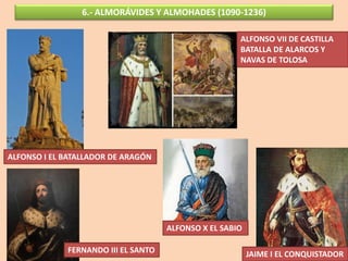 6.- ALMORÁVIDES Y ALMOHADES (1090-1236)
ALFONSO I EL BATALLADOR DE ARAGÓN
ALFONSO VII DE CASTILLA
BATALLA DE ALARCOS Y
NAVAS DE TOLOSA
FERNANDO III EL SANTO
ALFONSO X EL SABIO
JAIME I EL CONQUISTADOR
 