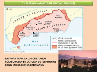 7.- EL REINO NAZARÍ DE GRANADA (1236-1492)
- PAGABAN PARIAS A LOS CRISTIANOS
- COLABORABAN EN LA TOMA DE TERRITORIOS
- CRISIS EN LOS REINOS CRISTIANOS
 