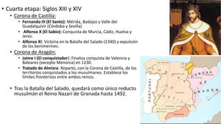• Cuarta etapa: Siglos XIII y XIV
• Corona de Castilla:
• Fernando III (El Santo): Mérida, Badajoz y Valle del
Guadalquivir (Córdoba y Sevilla)
• Alfonso X (El Sabio): Conquista de Murcia, Cádiz, Huelva y
Jerez.
• Alfonso XI: Victoria en la Batalla del Salado (1340) y expulsión
de los benimerines.
• Corona de Aragón:
• Jaime I (El conquistador): Finaliza conquista de Valencia y
Baleares (excepto Menorca) en 1230.
• Tratado de Almizra: Reparto, con la Corona de Castilla, de los
territorios conquistados a los musulmanes. Establece los
límites fronterizos entre ambos reinos.
• Tras la Batalla del Salado, quedará como único reducto
musulmán el Reino Nazarí de Granada hasta 1492.
 