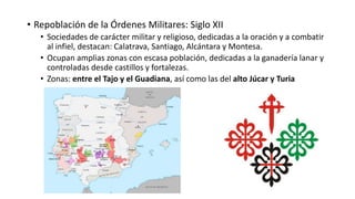 • Repoblación de la Órdenes Militares: Siglo XII
• Sociedades de carácter militar y religioso, dedicadas a la oración y a combatir
al infiel, destacan: Calatrava, Santiago, Alcántara y Montesa.
• Ocupan amplias zonas con escasa población, dedicadas a la ganadería lanar y
controladas desde castillos y fortalezas.
• Zonas: entre el Tajo y el Guadiana, así como las del alto Júcar y Turia
 