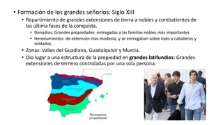 • Formación de los grandes señoríos: Siglo XIII
• Repartimiento de grandes extensiones de tierra a nobles y combatientes de
las última fases de la conquista.
• Donadíos: Grandes propiedades entregadas a las familias nobles más importantes
• Heredamientos: de extensión más modesta, y se entregaban sobre todo a caballeros y
soldados.
• Zonas: Valles del Guadiana, Guadalquivir y Murcia.
• Dio lugar a una estructura de la propiedad en grandes latifundios: Grandes
extensiones de terreno controladas por una sola persona.
 