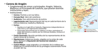 • Corona de Aragón:
• Conglomerado de reinos y principados: Aragón, Valencia,
Mallorca y el Principado de Cataluña, que poseían distintas
instituciones y leyes.
• Instituciones:
• Corona: Pactista y con Ley Sálica.
• Consejo Real: Idem del castellano.
• Audiencia: Para administración de justicia.
• Lugarteniente real: Representación del rey en cada territorio de la
Corona (Valencia, Cataluña y Mallorca).
• Cortes:
• Nacidas en el siglo XIII en Cataluña. Organismos independientes en
cada reino y con organización estamental.
• Dominadas básicamente por la nobleza y el clero, controlaron el
poder del monarca y velaron por los intereses feudales, limitaron el
poder del rey.
• Cortes Generales: Reunión periódica de los representantes de los
cuatro reinos de la Corona.
• Diputaciones: Gobiernos locales, elegidos en la cortes de cada
reino. Destacó la Diputación del General de Cataluña o
Generalitat.
• Justicia Mayor: cargo asignado a un miembro de la nobleza que
velaba por el mantenimiento de los privilegios estamentales frente
al poder del rey.
 