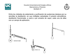 Escuela Universitaria de Energía y Minas 
Operaciones y Procesos 
BLOQUE 2º 
Entre los métodos de aislamiento y purificación de sustancias destaca por su
sencillez la destilación, en sus múltiples variedades: A presión atmosférica,
destilación fraccionada, a vacío o por arrastre de vapor, cada una de ellas
con un campo de aplicación.
 
