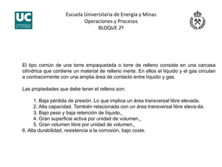 Escuela Universitaria de Energía y Minas 
Operaciones y Procesos 
BLOQUE 2º 
El tipo común de una torre empaquetada o torre de relleno consiste en una carcasa
cilíndrica que contiene un material de relleno inerte. En ellos el líquido y el gas circulan
a contracorriente con una amplia área de contacto entre líquido y gas.
Las propiedades que debe tener el relleno son:
1. Baja pérdida de presión. Lo que implica un área transversal libre elevada.
2. Alta capacidad. También relacionada con un área transversal libre eleva-da.
3. Bajo peso y baja retención de líquido.
4. Gran superficie activa por unidad de volumen.
5. Gran volumen libre por unidad de volumen.
6. Alta durabilidad, resistencia a la corrosión, bajo coste.
 