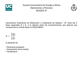 Escuela Universitaria de Energía y Minas 
Operaciones y Procesos 
BLOQUE 2º 
Llamaremos Coeficiente de Distribución o Coeficiente de Reparto “ Ki” entre las 2
fases separadas R y E, a la relación entre las concentraciones que alcanza ese
componente en ambas fases en EQUILIBRIO.
K i =
Ki depende de:
• Disolvente empleado.
• Composición de la mezcla.
• Temperatura.
 