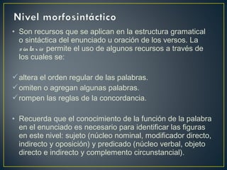 • Son recursos que se aplican en la estructura gramatical
o sintáctica del enunciado u oración de los versos. La
sintaxis permite el uso de algunos recursos a través de
los cuales se:
altera el orden regular de las palabras.
omiten o agregan algunas palabras.
rompen las reglas de la concordancia.
• Recuerda que el conocimiento de la función de la palabra
en el enunciado es necesario para identificar las figuras
en este nivel: sujeto (núcleo nominal, modificador directo,
indirecto y oposición) y predicado (núcleo verbal, objeto
directo e indirecto y complemento circunstancial).
 