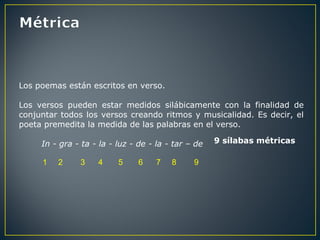 Los poemas están escritos en verso.
Los versos pueden estar medidos silábicamente con la finalidad de
conjuntar todos los versos creando ritmos y musicalidad. Es decir, el
poeta premedita la medida de las palabras en el verso.
In - gra - ta - la - luz - de - la - tar – de
1 2 3 4 5 6 7 8 9
9 sílabas métricas
 