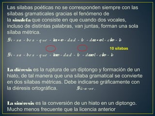 Las silabas poéticas no se corresponden siempre con las
sílabas gramaticales gracias el fenómeno de
la sinalefa que consiste en que cuando dos vocales,
incluso de distintas palabras, van juntas, forman una sola
sílaba métrica.
Si - sa - be s - q ue - la- e - dad - te - da- el- cie- lo
Si - sa - be s - q ue - lae - dad - te - dael- cie- lo
La diéresis es la ruptura de un diptongo y formación de un
hiato, de tal manera que una sílaba gramatical se convierte
en dos sílabas métricas. Debe indicarse gráficamente con
la diéresis ortográfica. Sü-a-ve .
La sinéresis es la conversión de un hiato en un diptongo.
Mucho menos frecuente que la licencia anterior 
10 sílabas
 