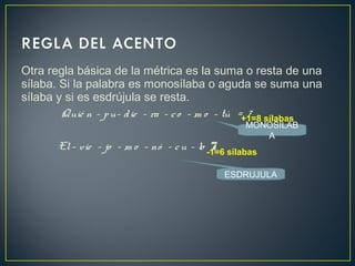 Otra regla básica de la métrica es la suma o resta de una
sílaba. Si la palabra es monosílaba o aguda se suma una
sílaba y si es esdrújula se resta.
Quié n - pu- die - ra - co - m o - tú = 7
El- vie - jo - m o - nó - cu - lo 7
+1=8 sílabas
-1=6 sílabas
MONOSÍLAB
A
ESDRUJULA
 