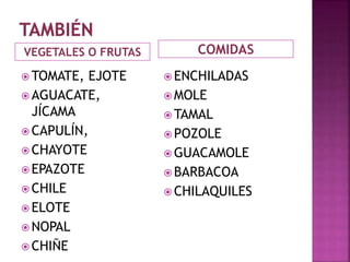 VEGETALES O FRUTAS COMIDAS 
TOMATE, EJOTE 
AGUACATE, 
JÍCAMA 
CAPULÍN, 
CHAYOTE 
EPAZOTE 
CHILE 
ELOTE 
NOPAL 
CHIÑE 
ENCHILADAS 
MOLE 
TAMAL 
POZOLE 
GUACAMOLE 
BARBACOA 
CHILAQUILES 
 