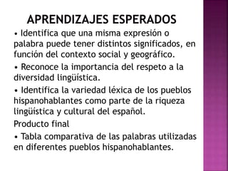 • Identifica que una misma expresión o 
palabra puede tener distintos significados, en 
función del contexto social y geográfico. 
• Reconoce la importancia del respeto a la 
diversidad lingüística. 
• Identifica la variedad léxica de los pueblos 
hispanohablantes como parte de la riqueza 
lingüística y cultural del español. 
Producto final 
• Tabla comparativa de las palabras utilizadas 
en diferentes pueblos hispanohablantes. 
 