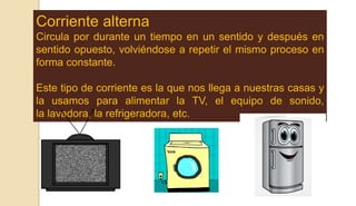 Corriente alterna
Circula por durante un tiempo en un sentido y después en
sentido opuesto, volviéndose a repetir el mismo proceso en
forma constante.
Este tipo de corriente es la que nos llega a nuestras casas y
la usamos para alimentar la TV, el equipo de sonido,
la lavadora, la refrigeradora, etc.
 