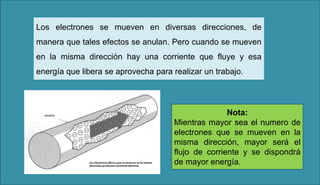 Los electrones se mueven en diversas direcciones, de
manera que tales efectos se anulan. Pero cuando se mueven
en la misma dirección hay una corriente que fluye y esa
energía que libera se aprovecha para realizar un trabajo.
Nota:
Mientras mayor sea el numero de
electrones que se mueven en la
misma dirección, mayor será el
flujo de corriente y se dispondrá
de mayor energía.
 