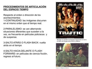 PROCEDIMIENTOS DE ARTICULACIÓN
DEL ESPACIO TIEMPO
Respecto al orden o dirección de los
acontecimientos:
1-CONTINUIDAD: las imágenes discurren
en el mismo orden que el tiempo real.
2-PARALELISMO: se van alternando
situaciones diferentes que suceden a la
vez, es frecuente en películas policiacas y
de suspense.
3-SALTO ATRÁS O FLASH BACK: vuelta
atrás en el tiempo
4-SALTO HACIA DELANTE O FLASH
FORWARD: en películas de ciencia ficción,
regreso al futuro.
Montaje en paralelo de diversas situaciones en torno
al tráfico de drogas entre EEUU y México
 