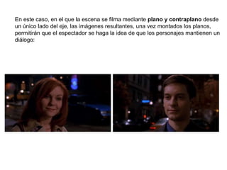 En este caso, en el que la escena se filma mediante plano y contraplano desde
un único lado del eje, las imágenes resultantes, una vez montados los planos,
permitirán que el espectador se haga la idea de que los personajes mantienen un
diálogo:
 