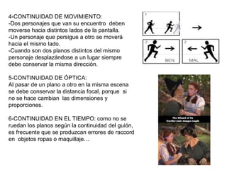 4-CONTINUIDAD DE MOVIMIENTO:
-Dos personajes que van su encuentro deben
moverse hacia distintos lados de la pantalla.
-Un personaje que persigue a otro se moverá
hacia el mismo lado.
-Cuando son dos planos distintos del mismo
personaje desplazándose a un lugar siempre
debe conservar la misma dirección.
5-CONTINUIDAD DE ÓPTICA:
Al pasar de un plano a otro en la misma escena
se debe conservar la distancia focal, porque si
no se hace cambian las dimensiones y
proporciones.
6-CONTINUIDAD EN EL TIEMPO: como no se
ruedan los planos según la continuidad del guión,
es frecuente que se produzcan errores de raccord
en objetos ropas o maquillaje…
 