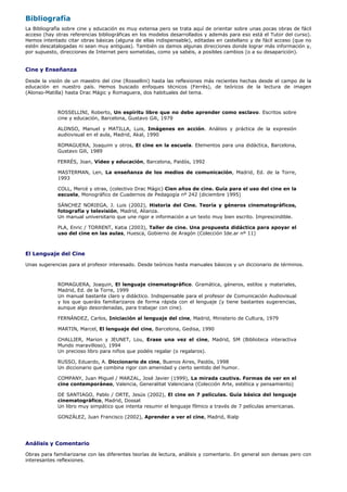 Bibliografía
La Bibliografía sobre cine y educación es muy extensa pero se trata aquí de orientar sobre unas pocas obras de fácil
acceso (hay otras referencias bibliográficas en los modelos desarrollados y además para eso está el Tutor del curso).
Hemos intentado citar obras básicas (alguna de ellas indispensable), editadas en castellano y de fácil acceso (que no
estén descatalogadas ni sean muy antiguas). También os damos algunas direcciones donde lograr más información y,
por supuesto, direcciones de Internet pero sometidas, como ya sabéis, a posibles cambios (o a su desaparición).


Cine y Enseñanza

Desde la visión de un maestro del cine (Rossellini) hasta las reflexiones más recientes hechas desde el campo de la
educación en nuestro país. Hemos buscado enfoques técnicos (Ferrés), de teóricos de la lectura de imagen
(Alonso-Matilla) hasta Drac Mágic y Romaguera, dos habituales del tema.



             ROSSELLINI, Roberto, Un espíritu libre que no debe aprender como esclavo. Escritos sobre
             cine y educación, Barcelona, Gustavo Gili, 1979

             ALONSO, Manuel y MATILLA, Luis, Imágenes en acción. Análisis y práctica de la expresión
             audiovisual en el aula, Madrid, Akal, 1990

             ROMAGUERA, Joaquim y otros, El cine en la escuela. Elementos para una didáctica, Barcelona,
             Gustavo Gili, 1989

             FERRÉS, Joan, Vídeo y educación, Barcelona, Paidós, 1992

             MASTERMAN, Len, La enseñanza de los medios de comunicación, Madrid, Ed. de la Torre,
             1993

             COLL, Mercé y otras, (colectivo Drac Mágic) Cien años de cine. Guía para el uso del cine en la
             escuela, Monográfico de Cuadernos de Pedagogía nº 242 (diciembre 1995)

             SÁNCHEZ NORIEGA, J. Luis (2002), Historia del Cine. Teoría y géneros cinematográficos,
             fotografía y televisión, Madrid, Alianza.
             Un manual universitario que une rigor e información a un texto muy bien escrito. Imprescindible.

             PLA, Enric / TORRENT, Katia (2003), Taller de cine. Una propuesta didáctica para apoyar el
             uso del cine en las aulas, Huesca, Gobierno de Aragón (Colección Ide.ar nº 11)



El Lenguaje del Cine

Unas sugerencias para el profesor interesado. Desde teóricos hasta manuales básicos y un diccionario de términos.



             ROMAGUERA, Joaquin, El lenguaje cinematográfico. Gramática, géneros, estilos y materiales,
             Madrid, Ed. de la Torre, 1999
             Un manual bastante claro y didáctico. Indispensable para el profesor de Comunicación Audiovisual
             y los que queráis familiarizaros de forma rápida con el lenguaje (y tiene bastantes sugerencias,
             aunque algo desordenadas, para trabajar con cine).

             FERNÁNDEZ, Carlos, Iniciación al lenguaje del cine, Madrid, Ministerio de Cultura, 1979

             MARTIN, Marcel, El lenguaje del cine, Barcelona, Gedisa, 1990

             CHALLIER, Marion y JEUNET, Lou, Erase una vez el cine, Madrid, SM (Biblioteca interactiva
             Mundo maravilloso), 1994
             Un precioso libro para niños que podéis regalar (o regalaros).

             RUSSO, Eduardo, A. Diccionario de cine, Buenos Aires, Paidós, 1998
             Un diccionario que combina rigor con amenidad y cierto sentido del humor.

             COMPANY, Juan Miguel / MARZAL, José Javier (1999), La mirada cautiva. Formas de ver en el
             cine contemporáneo, Valencia, Generalitat Valenciana (Colección Arte, estética y pensamiento)

             DE SANTIAGO, Pablo / ORTE, Jesús (2002), El cine en 7 películas. Guía básica del lenguaje
             cinematográfico, Madrid, Dossat
             Un libro muy simpático que intenta resumir el lenguaje fílmico a través de 7 películas americanas.

             GONZÁLEZ, Juan Francisco (2002), Aprender a ver el cine, Madrid, Rialp




Análisis y Comentario

Obras para familiarizarse con las diferentes teorías de lectura, análisis y comentario. En general son densas pero con
interesantes reflexiones.
 
