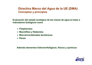 Directiva Marco del Agua de la UE (DMA)
     Conceptos y principios

Evaluación del estado ecológico de las masas de agua en base a
indicadores biológicos como

      Fitoplancton
      Macrófitos y fitobentos
      Macroinvertebrados bentónicos
      Peces



   Además elementos hidromorfológicos, físicos y químicos
 