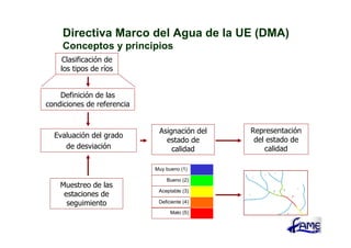 Directiva Marco del Agua de la UE (DMA)
     Conceptos y principios
    Clasificación de
    los tipos de ríos


    Definición de las
condiciones de referencia


                             Asignación del   Representación
  Evaluación del grado
                               estado de       del estado de
     de desviación               calidad          calidad

                            Muy bueno (1)

                                Bueno (2)
    Muestreo de las
                             Aceptable (3)
     estaciones de                                       5


      seguimiento            Deficiente (4)

                                  Malo (5)                     3
 