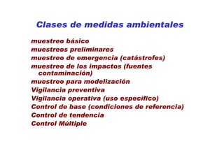 Clases de medidas ambientales
muestreo básico
muestreos preliminares
muestreo de emergencia (catástrofes)
muestreo de los impactos (fuentes
  contaminación)
muestreo para modelización
Vigilancia preventiva
Vigilancia operativa (uso específico)
Control de base (condiciones de referencia)
Control de tendencia
Control Múltiple
 